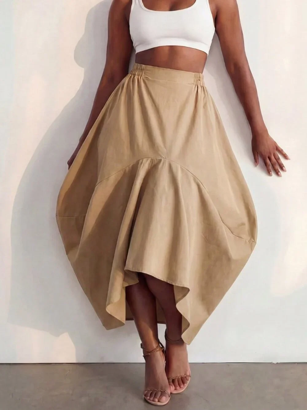 Khaki Casual Women's Asymmetrical A Line Midi Skirt